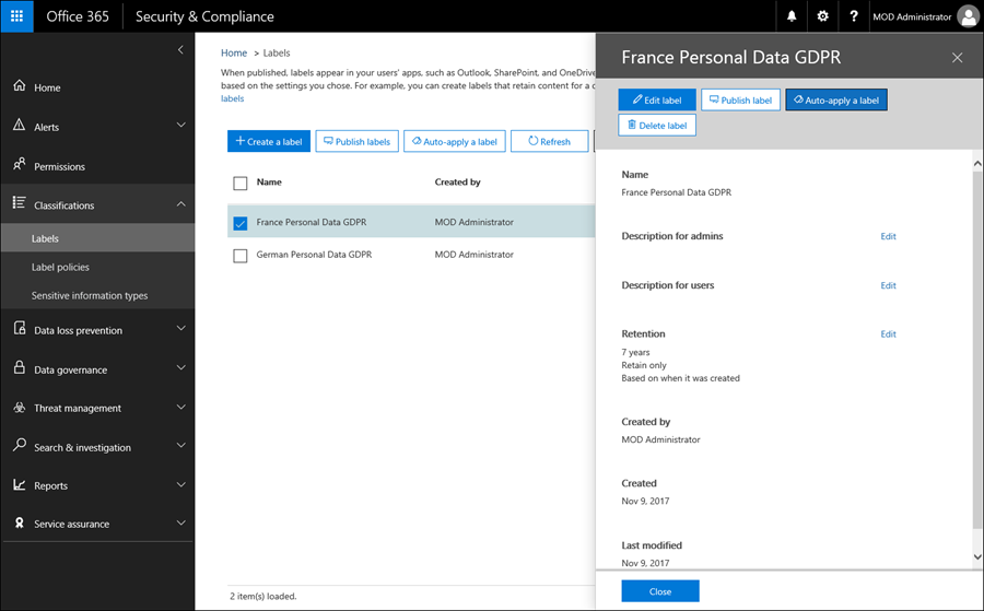 Image of the Office 365 Security & Compliance dashboard showing how to set policies.