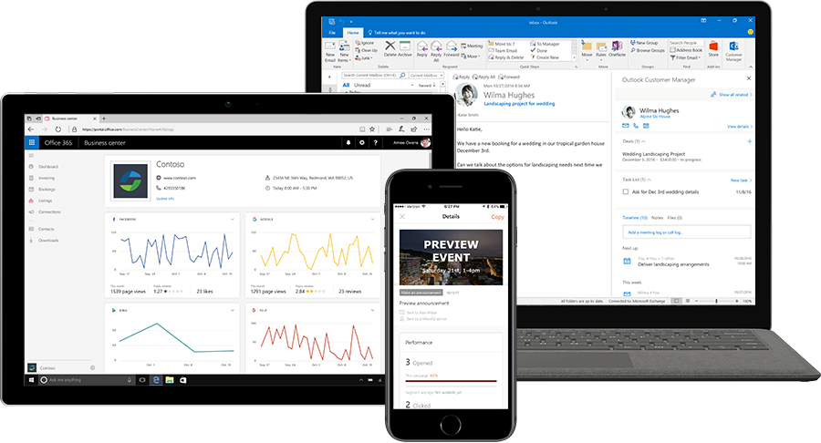 Three devices show Microsoft Listings, Connections, and Outlook Customer Manager.