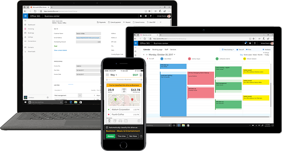 Three devices show Microsoft Invoicing, Bookings, and MileIQ.