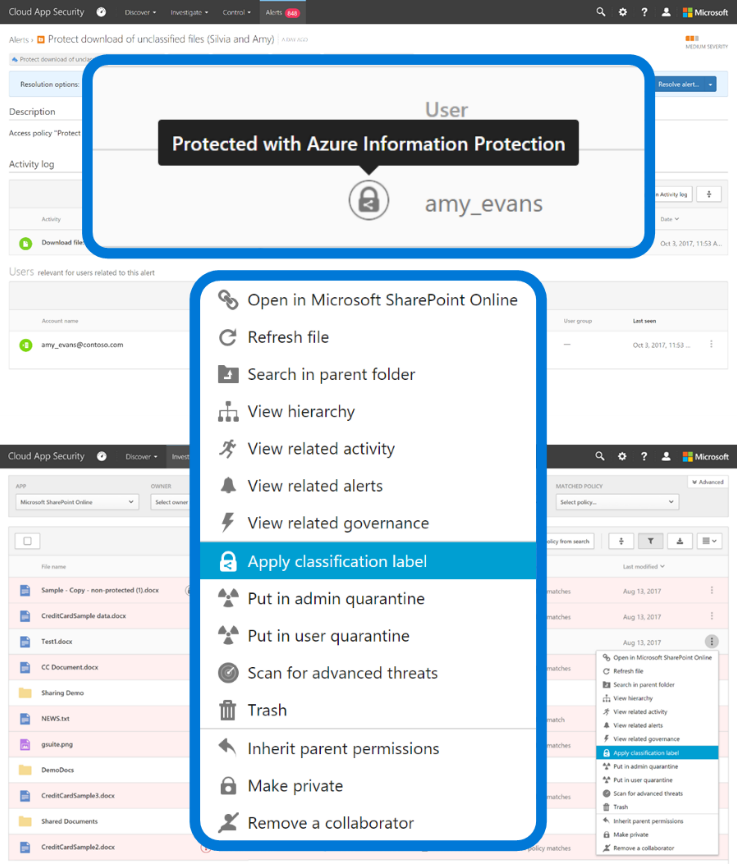 Screenshot displaying the "Apply classification label" selection from a dropdown menu in Azure Information Protection. 