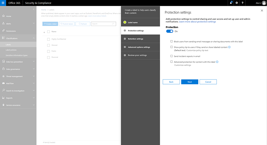 Screenshot displaying the Protection settings options in the Security & Compliance center.