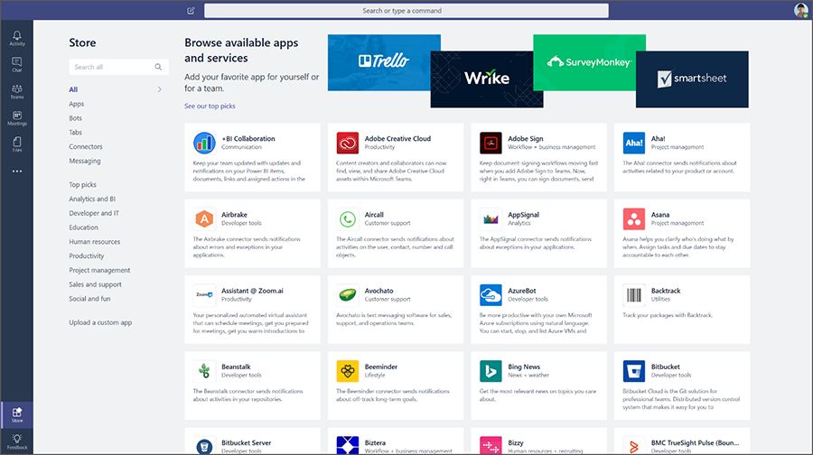 A view of the apps available for Microsoft Teams from the Store dash.