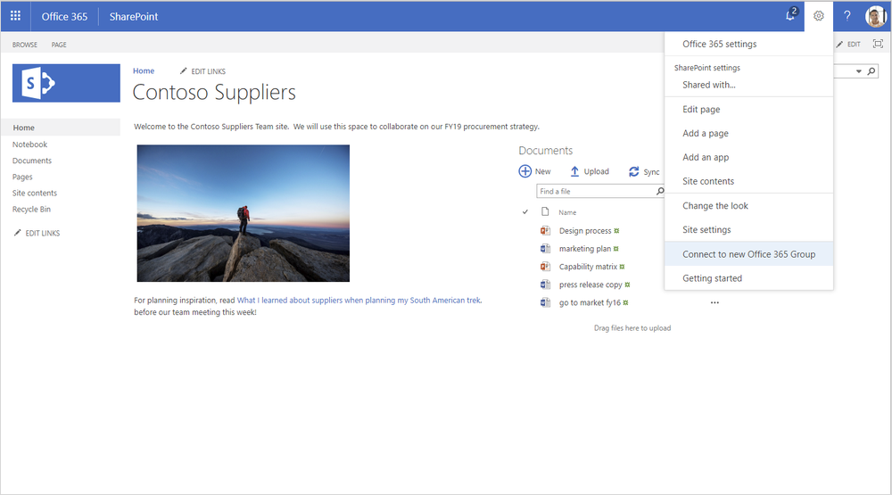 A screenshot displays a SharePoint page. A dropdown from Settings in the upper right shows the user is about to connect a new Office 365 group.
