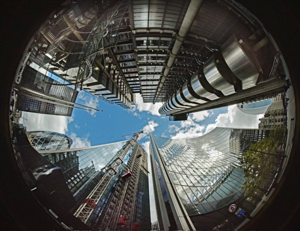 View of skyscrapers in a financial district as seen from below