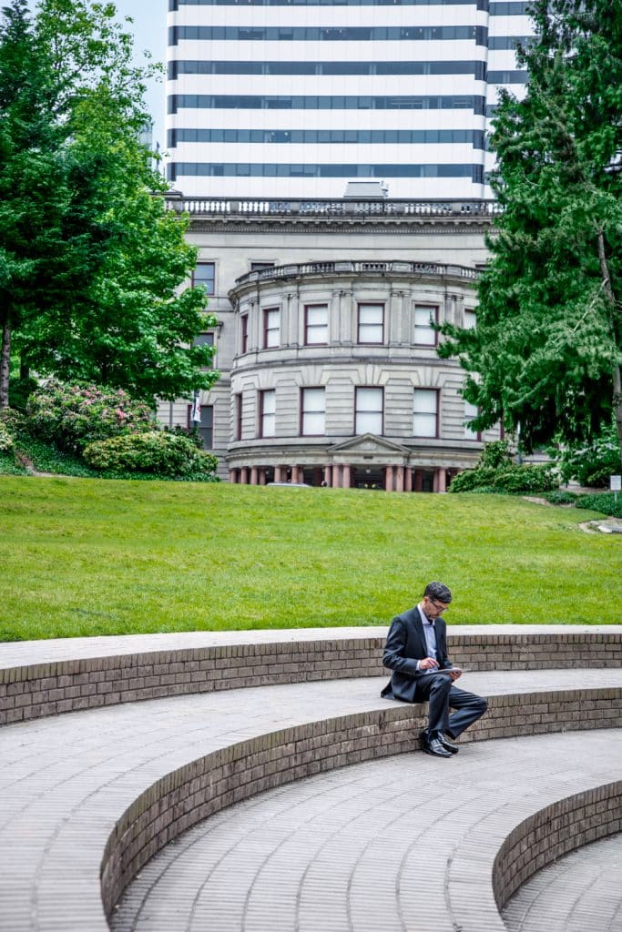 Man working outside of Government building