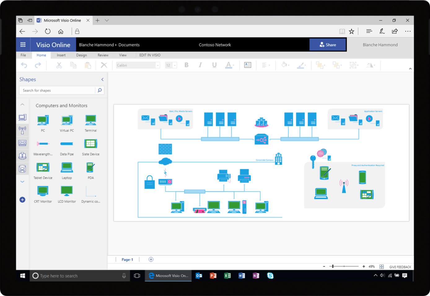 Screenshot displays network topology and equipment shapes in Visio Online.