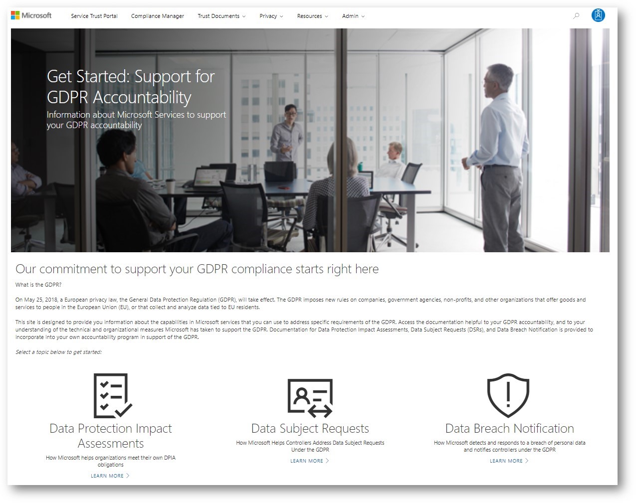 Screenshot of the "Get Started" page of the Service Trust Portal, to provide support for GDPR accountability.