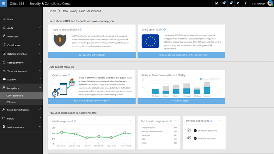 Screenshot of the GDPR dashboard in the Security & Compliance Center.