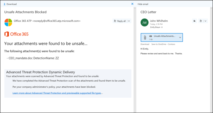 Screenshot displaying Office 365 Advanced Threat Protection, in which an unsafe attachment is being flagged for a user.