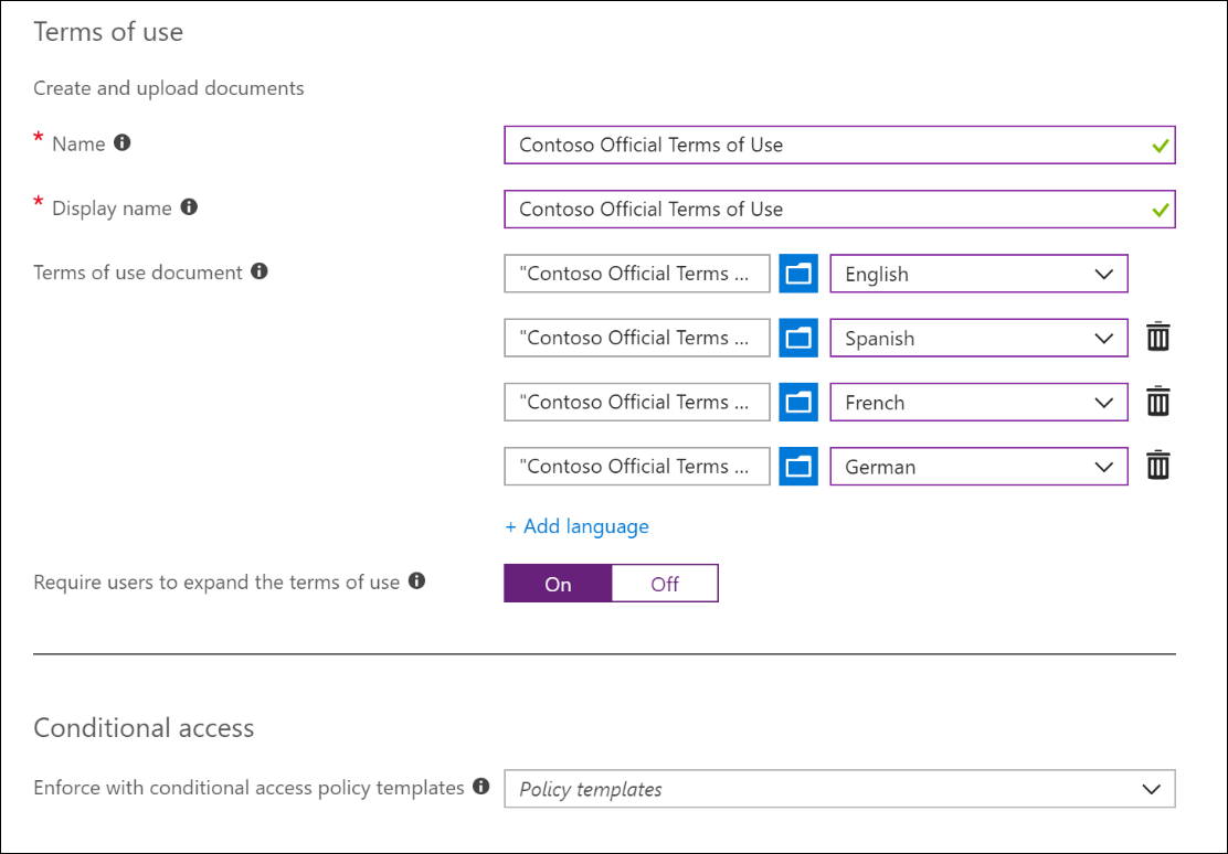 Screenshot displaying the "Terms of use" prompt in Azure Active Directory.