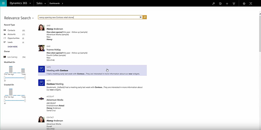 Screenshot displaying Dynamics 365 DSR search capabilities.