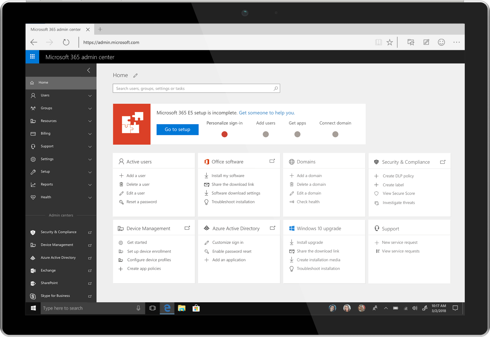 Image of a tablet showing the Microsoft 365 admin center.