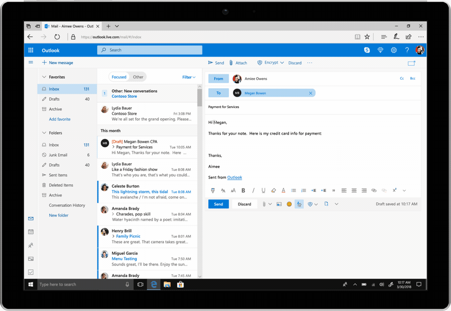 An animated screenshot shows how to encrypt and prevent forwarding in an email.