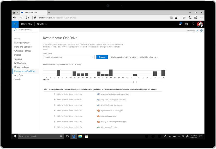 Screenshot displaying the Files Restore feature in OneDrive.