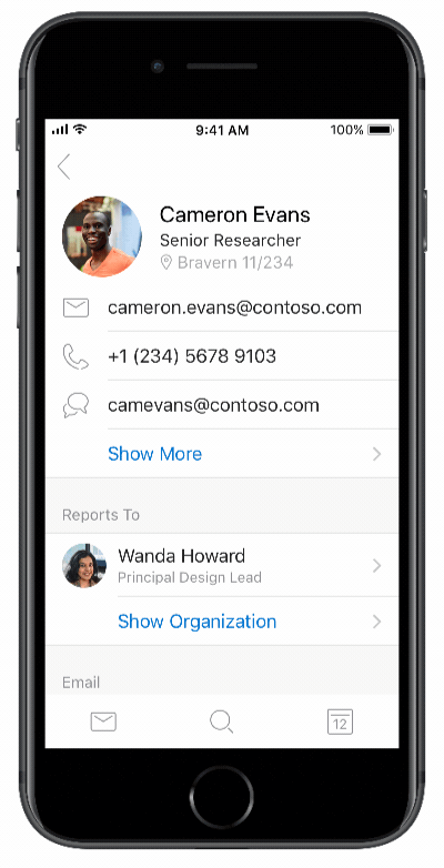 An animated screenshot showcases the organization directory details in Outlook for iOS.