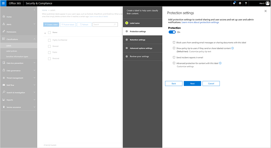 Screenshot of Protection settings the Security & Compliance Center.