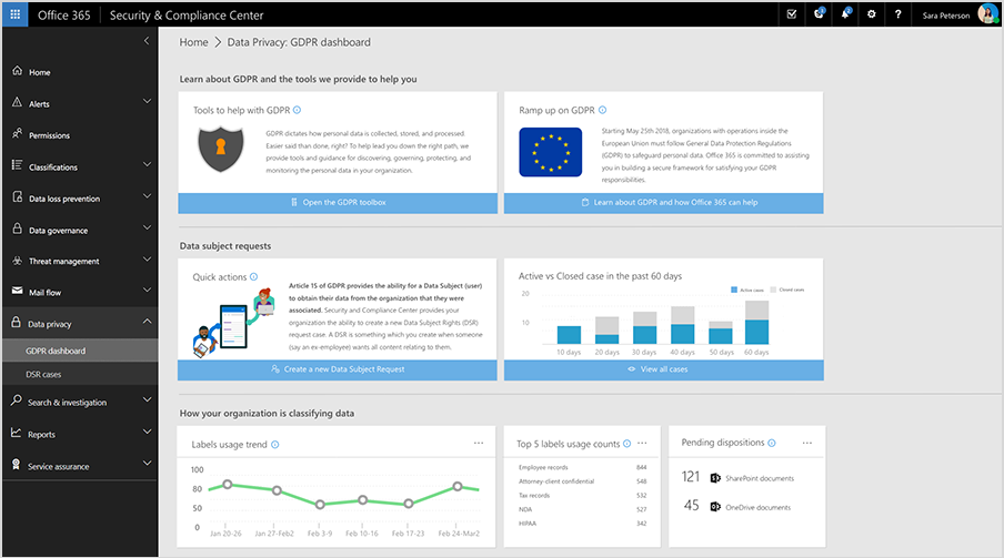 Screenshot of the GDPR dashboard in the Security & Compliance Center.