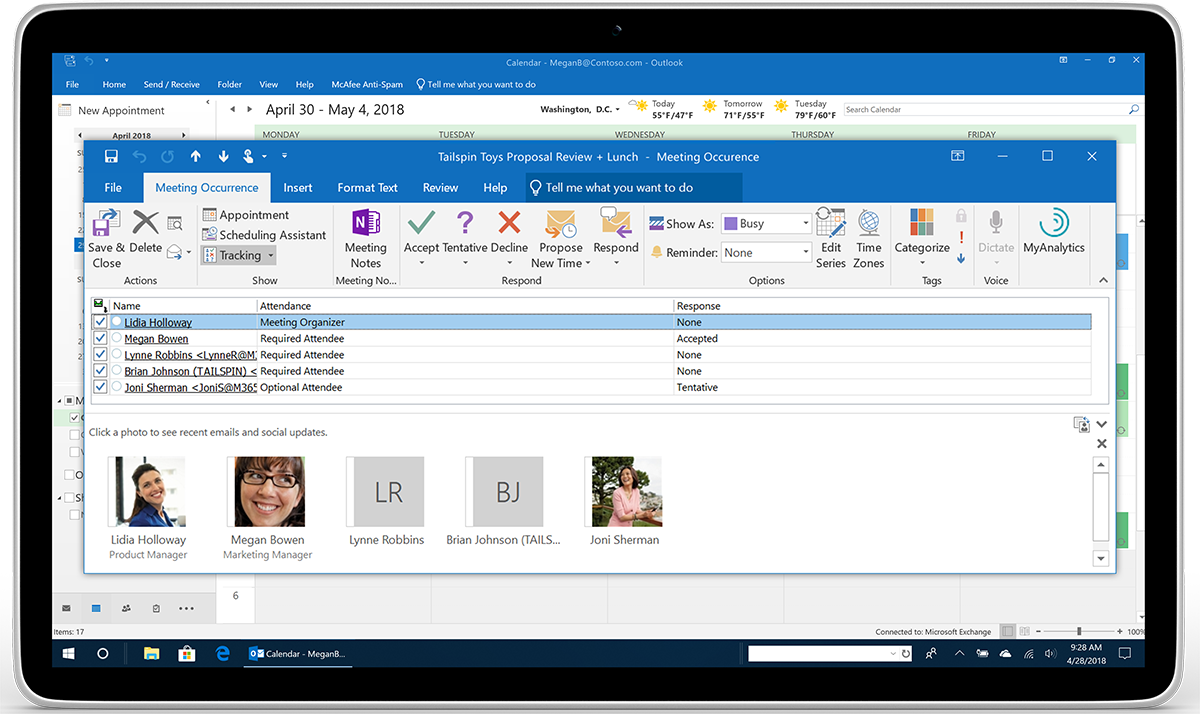 A tablet showcases meeting RSVP tracking and forwarding in Outlook