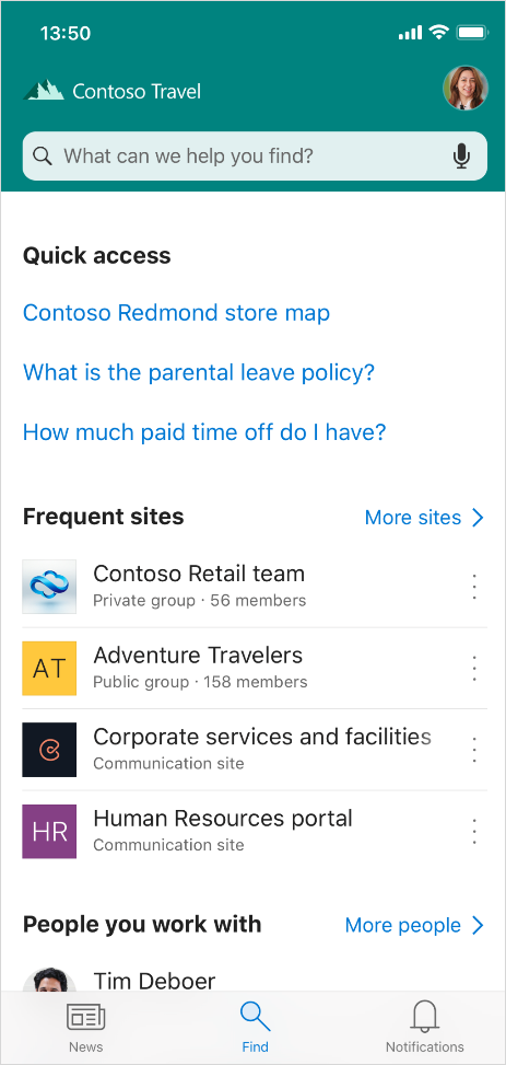 This image shows the Find tab, coming to the SharePoint mobile app, lets you find people, content, and answers to your questions while on the go.