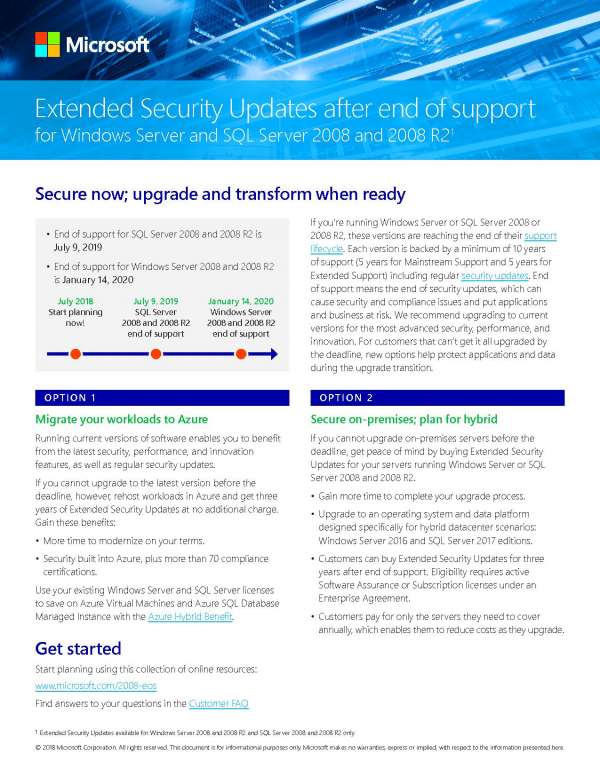 Extended Security Updates after end of support for Windows Server 2008 and SQL Server 2008 and 2008 R2