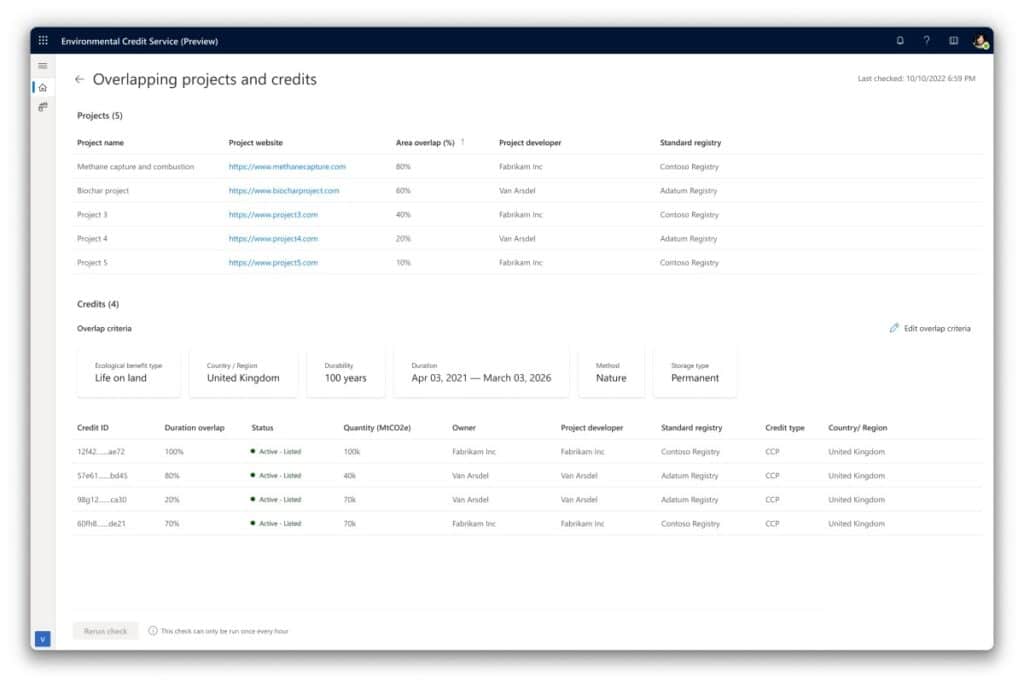 View of the dashboard for overlapping projects and credits on Environmental Credit Service.