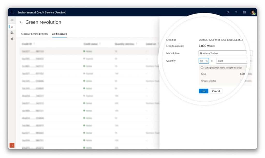 View of the dashboard for green revolution on Environmental Credit Service.