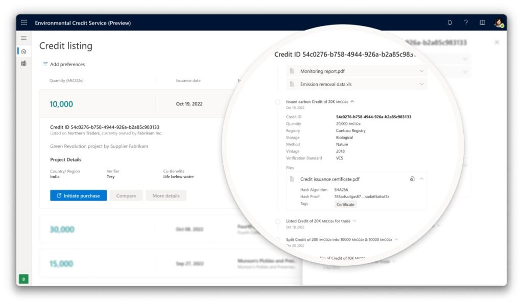 View of the dashboard for credit listing on Environmental Credit Service.