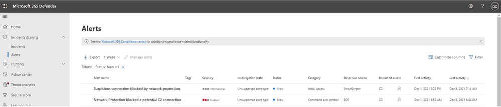 The Microsoft 365 Defender portal's alerts page displaying two examples of blocked C2 activity via network protection.
