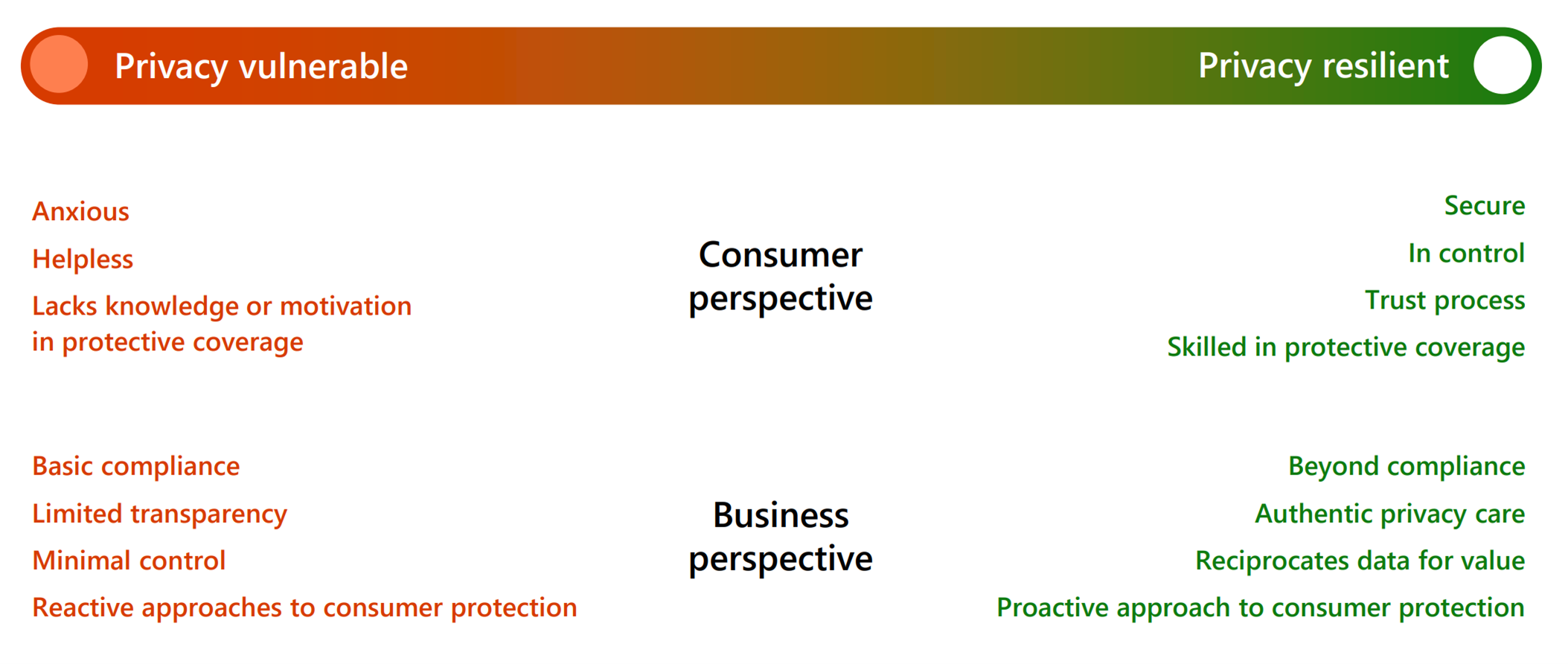 Gradient scale bar showing Privacy vulnerable on one end and Privacy resilient on the other. The scale is from the consumer perspective and the business perspective.