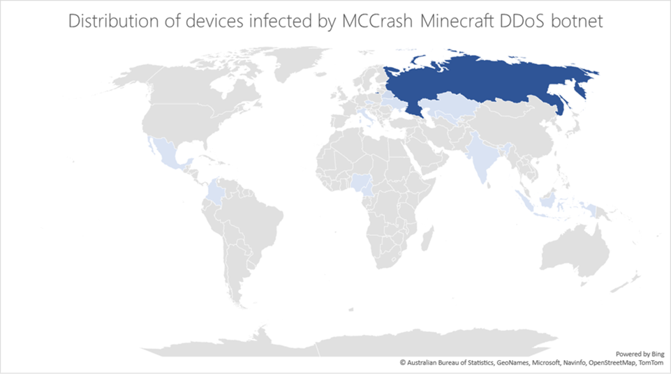 A geographical map that presents the countries where the devices affected by the botnet are located. Countries with affected devices are highlighted on the map in blue.