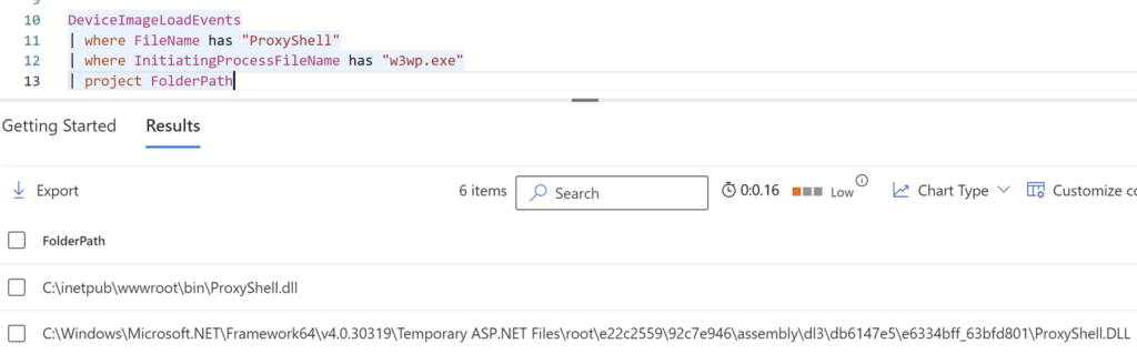A screenshot of the Advanced Hunting query window in Microsoft Defender for Endpoint. The KQL query run is: DeviceImageLoadEvents | where FileName has “ProxyShell” | where InitiatingProcessFileName has “w3wp.exe” | project FolderPath. The results of the query are two folder paths: “C:inetpubwwwrootbinProxyShell.dll” and “C:WindowsMicrosoft.NETFramework64v4.0.30319Temporary ASP.NET Filesroote22c2559c7e946assemblydl3db6147e5e6334bff_63bfd801ProxyShell.DLL”.