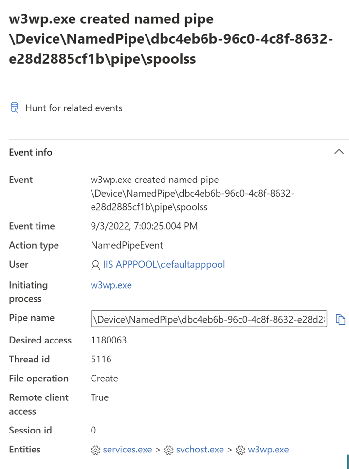 A screenshot showing the details of the event associated with w2wp.exe creating a SweetPotato named pipe. It includes an event description, an event timestamp, the user, the initiating process, and the pipe name.