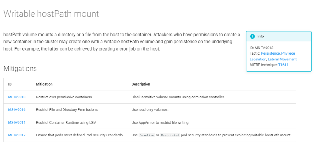 A technique page displaying a mitigation table with detailed descriptions and relevant links.