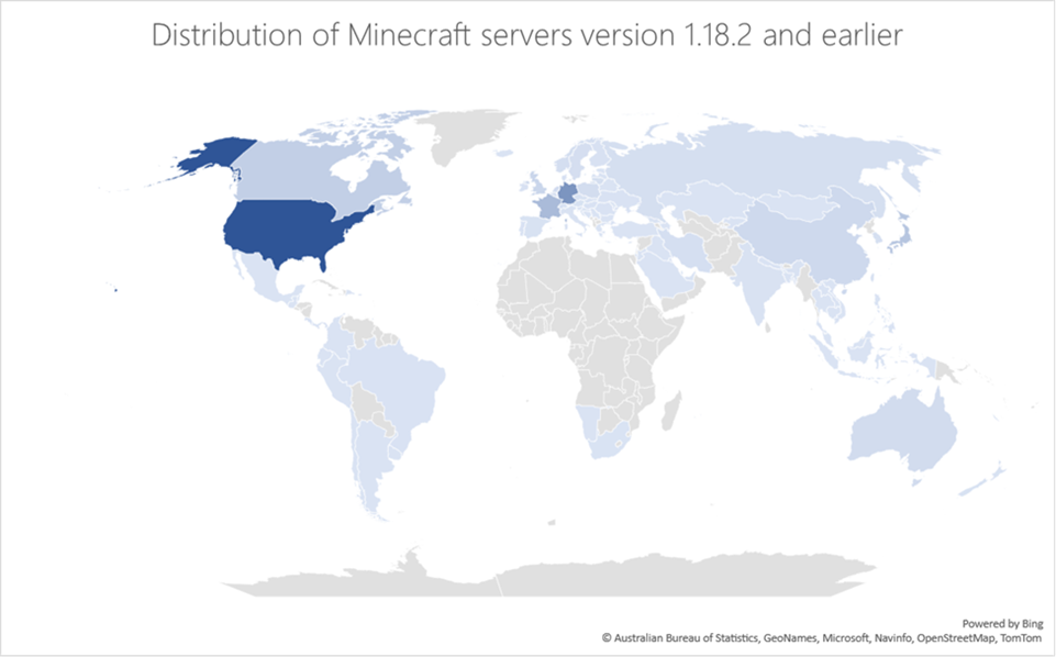 A geographical map that presents the countries where Minecraft servers that can be affected by MCCrash are located. Countries with servers that can be affected are highlighted on the map in blue.
