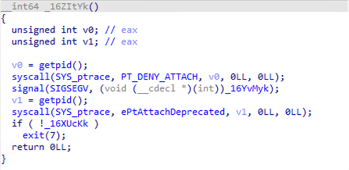 Screenshot of EvilQuest's code where it uses syscall.