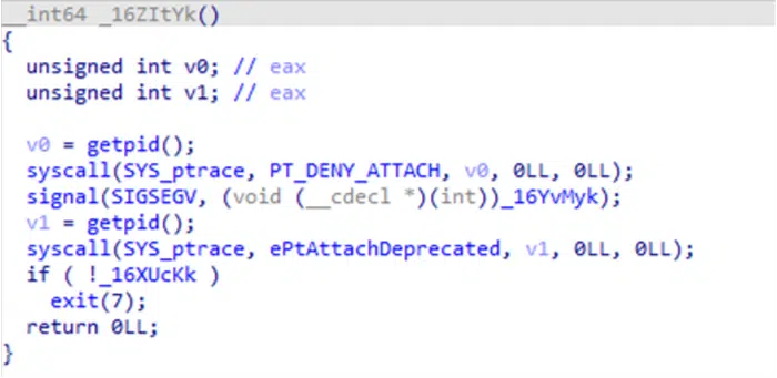Screenshot of EvilQuest's code where it uses syscall.