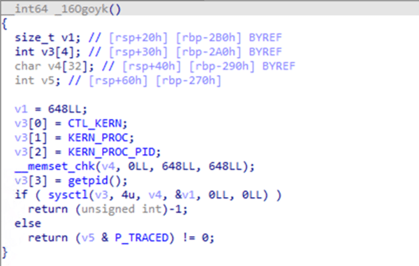 Screenshot of EvilQuest's code checking for the P_TRACED flag.