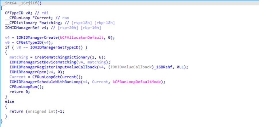 Screenshot of an EvilQuest variant's code that uses the IOHIDManager API to monitor devices.