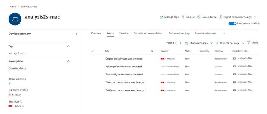Screenshot of Mac ransomware-related alerts on Microsoft Defender for Endpoint.