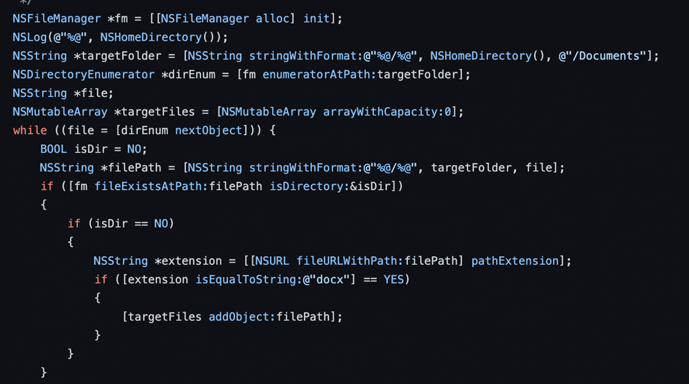 Screenshot of Gopher POC's code using the NSFileManager to enumerate files.