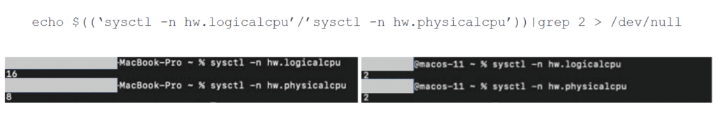 Screenshots of results of the number of logical and physical CPUs in a MacBook Pro and in a macOS hosted on a Parallels virtual machine.