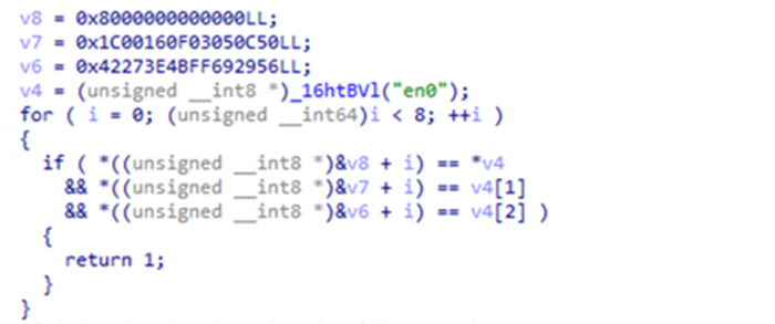Screenshot of EvilQuest code checking the MAC OUI prefix of a device.