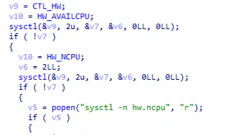 Screenshot of EvilQuest's code checking for CPU count on a device.