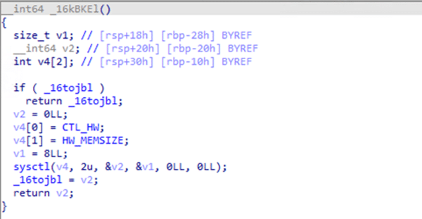 Screenshot of EvilQuest's code checking a device's physical memory size.