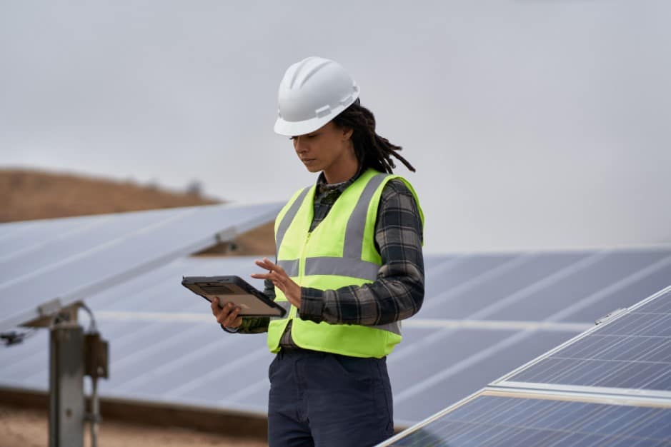 Field engineer inspects solar panels on a wind farm using remote assist with a Surface tablet.