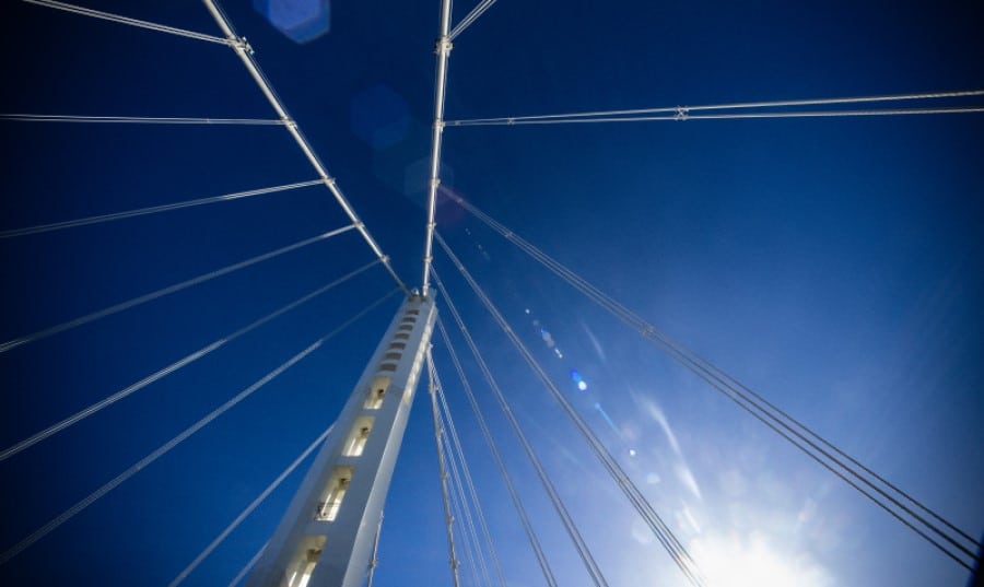 Framework of a self-anchored suspension bridge in San Francisco Bay.