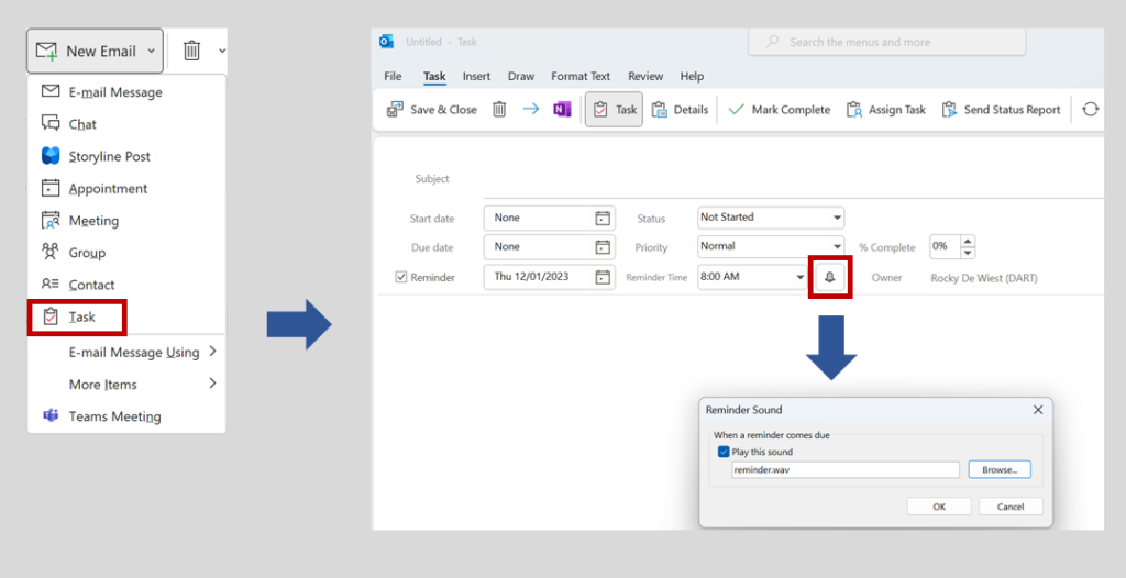 Screenshots of Outlook on Windows showing how to set a custom sound that plays when a reminder is triggered 