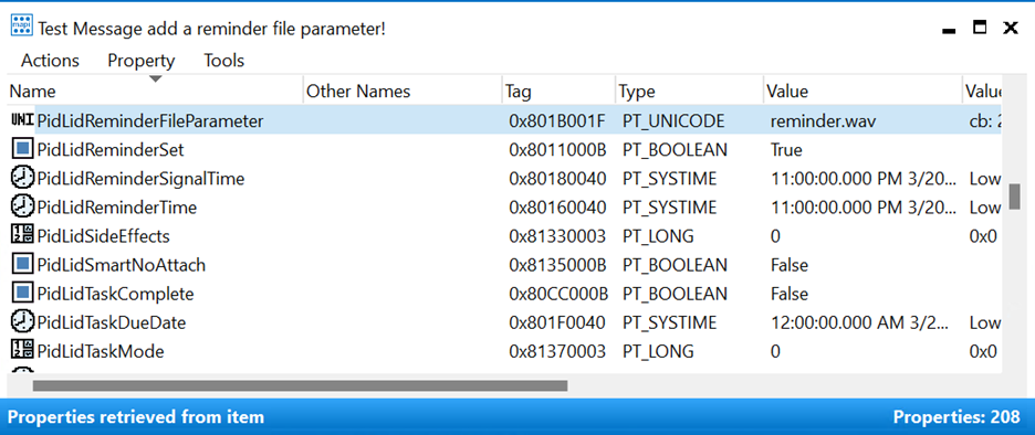 Screenshot of message MAPI properties and their values