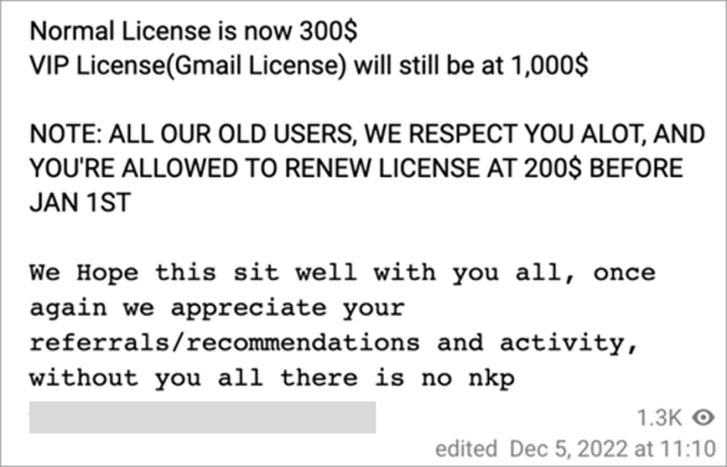 DEV-1101 announcement noting price increases for regular, VIP, and legacy user licenses. 
